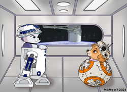 Size: 892x650 | Tagged: safe, artist:kerocat, everest (paw patrol), skye (paw patrol), android, canine, cockapoo, dog, husky, mammal, nordic sled dog, robot, feral, nickelodeon, paw patrol, star wars, 2021, bb-8 (star wars), beanie, black nose, clothes, collar, crossover, digital art, duo, ears, eyelashes, female, female/female, fur, hat, looking at each other, r2-d2 (star wars), shipping, skeverest (paw patrol), space, spaceship, vehicle