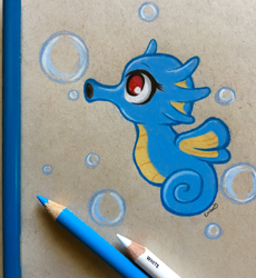 Size: 2926x3177 | Tagged: safe, artist:emberslament, fictional species, fish, horsea, feral, nintendo, pokémon, ambiguous gender, bubbles, high res, side view, solo, solo ambiguous, traditional art
