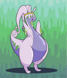 Size: 483x560 | Tagged: safe, artist:cogmoses, fictional species, goodra, feral, nintendo, pokémon, ambiguous gender, animated, gif, open mouth, solo, solo ambiguous, tail