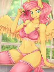 Size: 1368x1800 | Tagged: suggestive, artist:cheezayballz, fluttershy (mlp), equine, fictional species, mammal, pegasus, pony, anthro, friendship is magic, hasbro, my little pony, alternate hairstyle, anthrofied, belly button, bra, breasts, clothes, detailed background, ear fluff, eyebrows, eyelashes, feathered wings, feathers, female, flower, fluff, frilly underwear, fur, glistening, green eyes, hair, hand hold, holding, holiday, legwear, lingerie, looking at you, panties, pink hair, pink tail, pink underwear, rose, sitting, solo, solo female, spread wings, stockings, tail, thigh highs, underwear, valentine's day, window, wings, yellow body, yellow fur