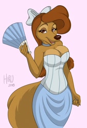 Size: 863x1280 | Tagged: safe, artist:hirurux, dixie (the fox and the hound), canine, dog, mammal, saluki, anthro, disney, the fox and the hound, 2d, breasts, brown body, brown fur, clothes, fan, female, front view, fur, solo, solo female, three-quarter view