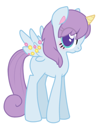 Size: 391x498 | Tagged: safe, artist:mindmusic, opal (jewelpet), alicorn, equine, fictional species, mammal, pony, feral, friendship is magic, hasbro, jewelpet (sanrio), my little pony, sanrio, 2016, 2d, blue body, blue fur, blushing, crossover, eye through hair, female, fur, hair, horn, looking at you, low res, mane, purple hair, purple mane, purple tail, solo, solo female, tail, wings