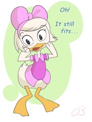 Size: 971x1280 | Tagged: safe, artist:adorablerabbit, webby vanderquack (ducktales), bird, duck, waterfowl, anthro, disney, ducktales, ducktales (1987), ducktales (2017), 2d, dialogue, feathers, female, solo, solo female, talking, white feathers