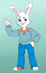 Size: 806x1280 | Tagged: safe, artist:loonyjams, buster baxter (arthur), lagomorph, mammal, rabbit, anthro, arthur (series), pbs, front view, gradient background, hand in pocket, male, solo, solo male, three-quarter view, waving