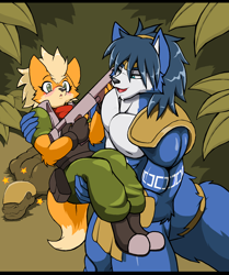Size: 1832x2192 | Tagged: safe, artist:droll3, fox mccloud (star fox), krystal (star fox), canine, fox, mammal, anthro, nintendo, star fox, 2021, abs, biceps, black nose, blushing, bottomwear, breasts, clothes, digital art, duo, eyelashes, female, fur, hair, lifting, loincloth, looking at each other, male, male/female, muscles, open mouth, pants, pecs, rule 63, shirt, shoes, tail, topwear, vixen, vixen mccloud, weapon