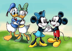 Size: 5328x3772 | Tagged: safe, artist:zdrer456, daisy duck (disney), donald duck (disney), mickey mouse (disney), minnie mouse (disney), bird, duck, mammal, mouse, rodent, waterfowl, anthro, disney, mickey and friends, 2d, black body, black fur, bloomers, donaisy (disney), feathers, female, fur, group, male, male/female, mickeyminnie (disney), on model, shipping, white feathers
