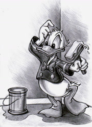 Size: 1232x1712 | Tagged: safe, artist:zdrer456, donald duck (disney), bird, duck, waterfowl, anthro, disney, mickey and friends, 2d, bird feet, male, monochrome, on model, paintbrush, painting, solo, solo male