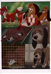 Size: 2410x3436 | Tagged: safe, artist:nostalgicchills, copper (the fox and the hound), tod (the fox and the hound), bloodhound, canine, dog, fox, mammal, red fox, feral, disney, the fox and the hound, 2d, comic, cub, duo, duo male, emotional, high res, male, males only, older, playing, puppy, sad, young