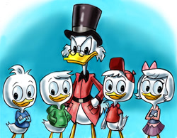 Size: 1500x1162 | Tagged: safe, artist:zdrer456, dewey duck (disney), huey duck (disney), louie duck (disney), scrooge mcduck (disney), webby vanderquack (ducktales), bird, duck, waterfowl, anthro, disney, ducktales, ducktales (2017), mickey and friends, 2d, brother, brothers, daughter, father, father and child, father and daughter, feathers, female, group, looking at you, male, nephew, on model, siblings, triplets, uncle, uncle and nephew, white feathers