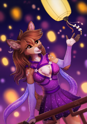 Size: 2111x3000 | Tagged: safe, artist:ketty, oc, oc only, oc:eri (feral.), cervid, deer, mammal, white-tailed deer, anthro, boob window, breasts, brown body, brown eyes, brown fur, brown hair, brown nose, cheek fluff, chest fluff, clothes, detailed background, doe, dress, ear fluff, ear piercing, elbow fluff, eyebrow through hair, eyebrows, eyelashes, female, festival, fingerless (marking), fluff, fur, gloves, hair, high res, holiday, lantern, long gloves, long hair, lunar new year, open mouth, piercing, solo, solo female, spots, tail, tail fluff, tan body, tan fur, tongue, white body, white fur