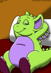 Size: 362x514 | Tagged: safe, artist:bluebottleflyer, cuddles (pocket dragon adventures), dragon, fictional species, western dragon, semi-anthro, pocket dragon adventures, 2009, blue eyes, green body, half closed eyes, looking at you, low res, male, pillow, purple belly, sleepy, solo, solo male