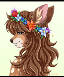 Size: 991x1190 | Tagged: safe, artist:octavio-monstero, oc, oc only, oc:eri (feral.), cervid, deer, mammal, white-tailed deer, anthro, brown body, brown eyes, brown fur, brown hair, doe, ear fluff, female, flower, flower crown, flower in hair, flower on head, fluff, fur, hair, hair accessory, looking at you, profile, side view, smiling, solo, solo female, spotted fur