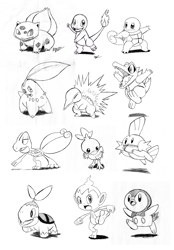 Size: 2853x4097 | Tagged: safe, artist:cogmoses, bird, bulbasaur, charmander, chikorita, chimchar, cyndaquil, fictional species, mammal, mudkip, piplup, reptile, squirtle, torchic, totodile, treecko, turtwig, feral, nintendo, pokémon, ambiguous gender, ambiguous only, beak, feathered wings, feathers, fire, high res, leaf, monochrome, on model, open beak, open mouth, sharp teeth, starter pokémon, tail, teeth, tongue, traditional art, wings