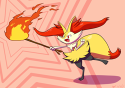 Size: 2722x1920 | Tagged: safe, artist:cogmoses, braixen, fictional species, mammal, semi-anthro, nintendo, pokémon, ambiguous gender, fangs, fire, open mouth, pink background, sharp teeth, simple background, solo, solo ambiguous, stars, starter pokémon, stick, tail, teeth, tongue