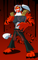 Size: 2320x3644 | Tagged: safe, artist:cogmoses, oc, oc only, big cat, feline, mammal, tiger, anthro, series:atomic series, copernicium, evil grin, gradient background, grin, high res, male, periodic table, sharp teeth, solo, solo male, tail, teeth