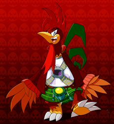 Size: 1856x2012 | Tagged: safe, artist:cogmoses, oc, oc only, bird, chicken, galliform, anthro, series:atomic series, beak, feathers, gradient background, male, open beak, open mouth, pattern background, periodic table, promethium (element), rooster, solo, solo male, tail, teeth