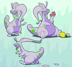 Size: 1350x1251 | Tagged: safe, artist:cogmoses, fictional species, goo creature, goodra, feral, nintendo, pokémon, :o, ambiguous gender, eating, eyes closed, food, fruit, goo, group, open mouth, pineapple, sitting, tail, trio, trio ambiguous