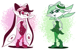 Size: 1525x1023 | Tagged: safe, artist:cogmoses, callie (splatoon), marie (splatoon), animal humanoid, fictional species, inkling, mammal, mollusk, squid, humanoid, nintendo, splatoon, clothes, cousins, duo, duo female, ear piercing, earring, fangs, female, females only, looking at you, open mouth, piercing, sharp teeth, simple background, teeth, tentacle hair, tentacles, white background