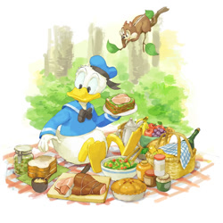 Size: 600x600 | Tagged: safe, artist:nemurism, donald duck (disney), bird, chipmunk, duck, mammal, rodent, waterfowl, anthro, feral, disney, mickey and friends, 2012, 2d, bird feet, brown body, brown fur, feathers, food, fur, male, sandwich, solo, solo male, white feathers