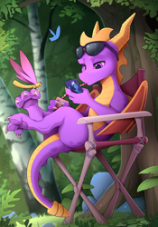 Size: 1700x2430 | Tagged: safe, artist:yakovlev-vad, princess luna (mlp), sparx (spyro), spyro the dragon (spyro), arthropod, dragon, dragonfly, fictional species, insect, western dragon, feral, friendship is magic, hasbro, my little pony, spyro the dragon (series), 2021, 3 toes, cell phone, chair, crossover, detailed background, drinking, drinking straw, duo, duo male, feet, glasses, hand hold, holding, horns, looking at something, male, males only, outdoors, paws, phone, plant, purple eyes, purple scales, scales, sitting, smartphone, spines, sunglasses, tail, toe claws, tree, webbed wings, wings, yellow scales