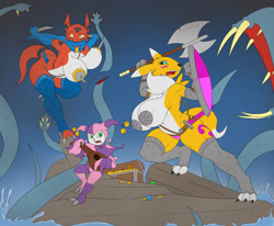 Size: 1280x1053 | Tagged: suggestive, artist:creatiffy, fictional species, guilmon, impmon, renamon, anthro, digitigrade anthro, digimon, 2020, big breasts, black nose, bouncing breasts, breasts, clothes, costume, digital art, ears, female, fighting, fur, group, legwear, male, nudity, open mouth, panties, partial nudity, pasties, stockings, tail, topless, trio, unconvincing armor, underwear, weapon