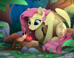 Size: 2400x1860 | Tagged: safe, artist:yakovlev-vad, fluttershy (mlp), equine, fictional species, mammal, mollusk, pegasus, pony, snail, feral, friendship is magic, hasbro, my little pony, 2021, ambiguous gender, apple, blue eyes, cute, cutie mark, detailed background, eyebrows, eyelashes, feathered wings, feathers, female, female focus, food, forest, fruit, fur, grass, hair, long hair, looking at something, mare, outdoors, pink hair, pink tail, plant, rock, scenery, smiling, solo focus, tail, tree, tree stump, ungulate, wings, yellow body, yellow fur
