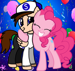 Size: 6348x6030 | Tagged: safe, artist:mrstheartist, collaboration, pinkie pie (mlp), oc, oc:seb the pony, earth pony, equine, fictional species, mammal, pegasus, pony, feral, friendship is magic, hasbro, my little pony, absurd resolution, balloon, base used, black outline, blue eyes, confetti, duo, eyes closed, female, friends, grin, male, male/female, mare, stallion, standing