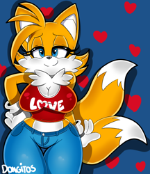 Size: 830x959 | Tagged: safe, artist:dongitos, miles "tails" prower (sonic), canine, fox, mammal, red fox, anthro, sega, sonic the hedgehog (series), 2016, big breasts, blue eyes, bottomwear, breasts, chest fluff, cleavage, clothes, dipstick tail, ears, eyebrows, eyelashes, female, fluff, fur, gloves, hair, hand on hip, heart, jeans, looking at you, love heart, mila "tails" prower, multicolored fur, multiple tails, orange tail, pants, pose, rule 63, shadow, smiling, smiling at you, solo, solo female, tail, tail fluff, tailsko, thick thighs, thighs, topwear, two tails, two toned body, two toned fur, vixen, white tail, wide hips