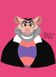 Size: 1275x1755 | Tagged: safe, artist:yoshiknight2, ratigan (the great mouse detective), mammal, rat, rodent, anthro, disney, the great mouse detective, 2d, bust, front view, fur, gray body, gray fur, looking at you, male, murine, pink background, portrait, simple background, solo, solo male