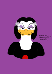 Size: 1240x1753 | Tagged: safe, artist:yoshiknight2, magica de spell (disney), bird, duck, waterfowl, anthro, disney, ducktales, ducktales (1987), 2d, bust, feathers, female, front view, looking at you, portrait, purple background, simple background, solo, solo female, white feathers