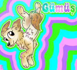 Size: 1912x1724 | Tagged: safe, artist:rainbow eevee, canine, dog, galliform, mammal, feral, brown eyes, cute, digital art, fanart, gift art, goldendoodle, looking up, neon, posing, shiny, smiling, solo, text, turkish text