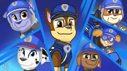 Size: 1280x723 | Tagged: safe, artist:rainbow eevee, chase (paw patrol), marshall (paw patrol), rocky (paw patrol), rubble (paw patrol), skye (paw patrol), zuma (paw patrol), canine, cockapoo, dalmatian, dog, english bulldog, german shepherd, labrador, mammal, feral, nickelodeon, paw patrol, aircraft, blue background, clothes, determined, female, goggles, grin, group, helicopter, helmet, looking at you, looking down, looking down at you, looking up, looking up at you, male, mix breed, police, police hat, police uniform, simple background, smiling, team, ultimate rescue (paw patrol), vehicle