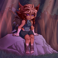 Size: 2200x2200 | Tagged: safe, artist:plague of gripes, oc, oc only, fictional species, mammal, yordle, anthro, plantigrade anthro, league of legends, 2017, bottomwear, clothes, feet, female, high res, outdoors, pointy ears, rock, shorts, sitting, smiling, solo, solo female, tree