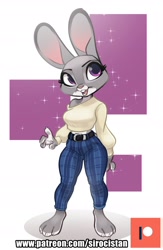 Size: 1533x2346 | Tagged: safe, artist:siroc, judy hopps (zootopia), lagomorph, mammal, rabbit, anthro, plantigrade anthro, disney, zootopia, 2021, 4 fingers, abstract background, barefoot, belt, bottomwear, breasts, buckteeth, clothes, eyebrows, eyelashes, female, fur, gray body, gray fur, long ears, looking at you, off shoulder, open mouth, pants, patreon logo, purple eyes, solo, solo female, standing, sweater, teeth, topwear, white body, white fur