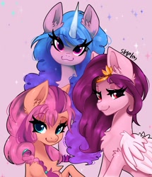 Size: 1759x2048 | Tagged: safe, artist:siripim111, izzy moonbow (mlp), pipp petals (mlp), sunny starscout (mlp), earth pony, equine, fictional species, mammal, pegasus, pony, unicorn, feral, hasbro, my little pony, my little pony g5, spoiler, spoiler:my little pony g5, 2021, braid, bust, chest fluff, circlet, ear fluff, feathered wings, feathers, female, females only, fluff, folded wings, gradient mane, hair, horn, horn pattern, mare, simple background, sparkles, speculation, trio, trio female, wings