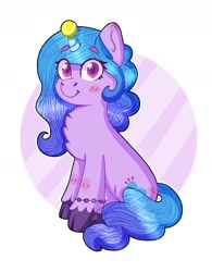 Size: 1364x1746 | Tagged: safe, artist:skylaedits, izzy moonbow (mlp), equine, fictional species, mammal, pony, unicorn, feral, hasbro, my little pony, my little pony g5, spoiler, spoiler:my little pony g5, 2021, blushing, bracelet, chest fluff, childproof horn, cute, female, fluff, gradient mane, gradient tail, hooves, jewelry, mare, simple background, sitting, smiling, solo, solo female, speculation, tail, tennis ball, unshorn fetlocks
