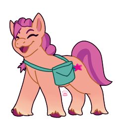 Size: 1000x1000 | Tagged: safe, artist:cute_chem, sunny starscout (mlp), earth pony, equine, fictional species, mammal, pony, feral, hasbro, my little pony, my little pony g5, spoiler, spoiler:my little pony g5, 2021, bag, braid, coat markings, cutie mark, eyes closed, female, hair, happy, hooves, mare, simple background, socks (leg marking), solo, solo female, speculation, tail, transparent background, unshorn fetlocks