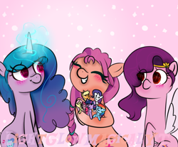 Size: 700x580 | Tagged: safe, artist:lightglowmagicalyt, izzy moonbow (mlp), pipp petals (mlp), sunny starscout (mlp), earth pony, equine, fictional species, mammal, pegasus, pony, unicorn, feral, hasbro, my little pony, my little pony g5, spoiler, spoiler:my little pony g5, 2021, blushing, braid, bust, circlet, female, females only, glowing, glowing horn, gradient mane, hair, horn, magic, mare, simple background, speculation, toy, trio, trio female