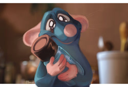 Size: 850x577 | Tagged: safe, artist:paiirupie, remy (ratatouille), mammal, rat, rodent, feral, disney, pixar, ratatouille, cute, front view, fur, gray body, gray fur, letterboxing, male, solo, solo male, tears of joy, three-quarter view