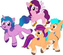 Size: 1920x1670 | Tagged: safe, artist:alexdti, hitch trailblazer (mlp), izzy moonbow (mlp), pipp petals (mlp), sunny starscout (mlp), earth pony, equine, fictional species, mammal, pegasus, pony, unicorn, feral, hasbro, my little pony, my little pony g5, spoiler, spoiler:my little pony g5, 2021, blank flank, bracelet, circlet, coat markings, female, flying, gradient mane, gradient tail, happy, hooves, jewelry, male, mare, quartet, simple background, socks (leg marking), speculation, stallion, tail, transparent background, unshorn fetlocks