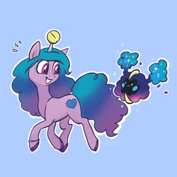 Size: 2048x2048 | Tagged: safe, artist:pfeffaroo, izzy moonbow (mlp), nebby (pokémon), cosmog, equine, fictional species, legendary pokémon, mammal, pony, unicorn, feral, hasbro, my little pony, my little pony g5, nintendo, pokémon, spoiler, spoiler:my little pony g5, 2021, bracelet, childproof horn, crossover, cute, duo, female, gradient mane, gradient tail, high res, hooves, jewelry, mare, speculation, tail, tennis ball, unshorn fetlocks