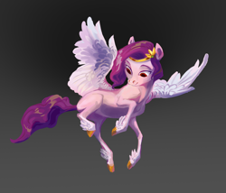 Size: 2554x2183 | Tagged: safe, artist:varwing, pipp petals (mlp), equine, fictional species, mammal, pegasus, pony, feral, hasbro, my little pony, my little pony g5, spoiler, spoiler:my little pony g5, 2021, blank flank, circlet, coat markings, feathered wings, feathers, female, fluff, flying, high res, hooves, leg fluff, mare, simple background, socks (leg marking), solo, solo female, speculation, spread wings, tail, unshorn fetlocks, white wings, wings