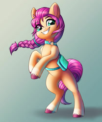 Size: 1280x1536 | Tagged: safe, artist:faline-art, sunny starscout (mlp), earth pony, equine, fictional species, mammal, pony, feral, hasbro, my little pony, my little pony g5, spoiler, spoiler:my little pony g5, 2021, bag, braid, coat markings, female, hair, hooves, mare, rearing, simple background, smiling, socks (leg marking), solo, solo female, speculation, tail, unshorn fetlocks, windswept hair