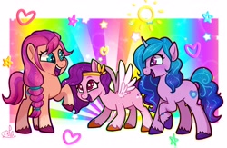 Size: 4096x2664 | Tagged: safe, artist:lilpinkghost, izzy moonbow (mlp), pipp petals (mlp), sunny starscout (mlp), earth pony, equine, fictional species, mammal, pegasus, pony, unicorn, feral, hasbro, my little pony, my little pony g5, spoiler, spoiler:my little pony g5, 2021, bracelet, braid, circlet, coat markings, female, females only, gradient mane, gradient tail, hair, happy, high res, hooves, jewelry, mare, socks (leg marking), speculation, spread wings, tail, trio, trio female, unshorn fetlocks, wings