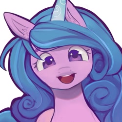 Size: 649x649 | Tagged: safe, artist:isattt_, izzy moonbow (mlp), equine, fictional species, mammal, pony, unicorn, feral, hasbro, my little pony, my little pony g5, spoiler, spoiler:my little pony g5, 2021, bust, ear fluff, female, fluff, gradient mane, looking at you, mare, smiling, solo, solo female