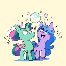 Size: 1656x1656 | Tagged: safe, artist:kylesmeallie, fizzy (mlp), izzy moonbow (mlp), equine, fictional species, mammal, pony, unicorn, feral, friendship is magic, hasbro, my little pony, my little pony (g1), my little pony g5, spoiler, spoiler:my little pony g5, 2021, bubble, cutie mark, duo, duo female, female, females only, gradient mane, gradient tail, mare, speculation, tail