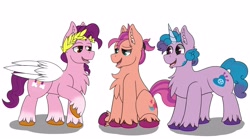 Size: 4096x2276 | Tagged: safe, artist:dracoflamess, izzy moonbow (mlp), pipp petals (mlp), sunny starscout (mlp), earth pony, equine, fictional species, mammal, pegasus, pony, unicorn, feral, hasbro, my little pony, my little pony g5, spoiler, spoiler:my little pony g5, 2021, chest fluff, circlet, coat markings, cutie mark, ear fluff, feathered wings, feathers, female, females only, fluff, gradient mane, gradient tail, high res, hooves, mare, rule 63, simple background, socks (leg marking), speculation, tail, trio, trio female, unshorn fetlocks, white background, wings