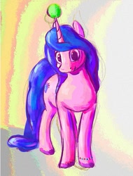 Size: 753x990 | Tagged: safe, artist:dumbhorsexd, izzy moonbow (mlp), equine, fictional species, mammal, pony, unicorn, feral, hasbro, my little pony, my little pony g5, spoiler, spoiler:my little pony g5, 2021, bracelet, childproof horn, female, gradient mane, gradient tail, jewelry, mare, smiling, solo, solo female, speculation, tail, tennis ball