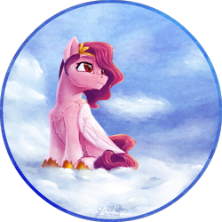 Size: 1327x1327 | Tagged: safe, artist:thatonegib, pipp petals (mlp), equine, fictional species, mammal, pegasus, pony, feral, hasbro, my little pony, my little pony g5, spoiler, spoiler:my little pony g5, 2021, chest fluff, circlet, cloud, coat markings, feathered wings, feathers, female, fluff, folded wings, hooves, mare, sitting, sitting on a cloud, sky, socks (leg marking), solo, solo female, speculation, tail, unshorn fetlocks, white wings, wings