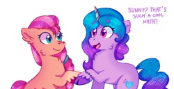 Size: 1980x1013 | Tagged: safe, artist:skylaedits, izzy moonbow (mlp), sunny starscout (mlp), earth pony, equine, fictional species, mammal, pony, unicorn, feral, hasbro, my little pony, my little pony g5, spoiler, spoiler:my little pony g5, 2021, bracelet, braid, cheek fluff, chest fluff, cutie mark, duo, duo female, female, females only, fluff, gradient mane, gradient tail, hair, holding, holding hands, hooves, jewelry, mare, speculation, tail, text, unshorn fetlocks